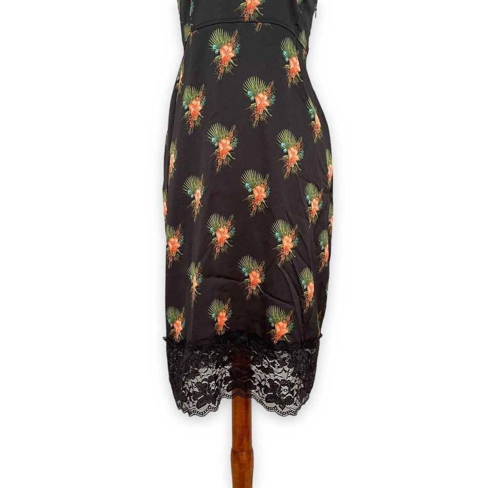 🍀 LAURIE Felt Black Floral Satin Slip Dress with Lace Hem Women's Size 00 - Picture 2 of 11